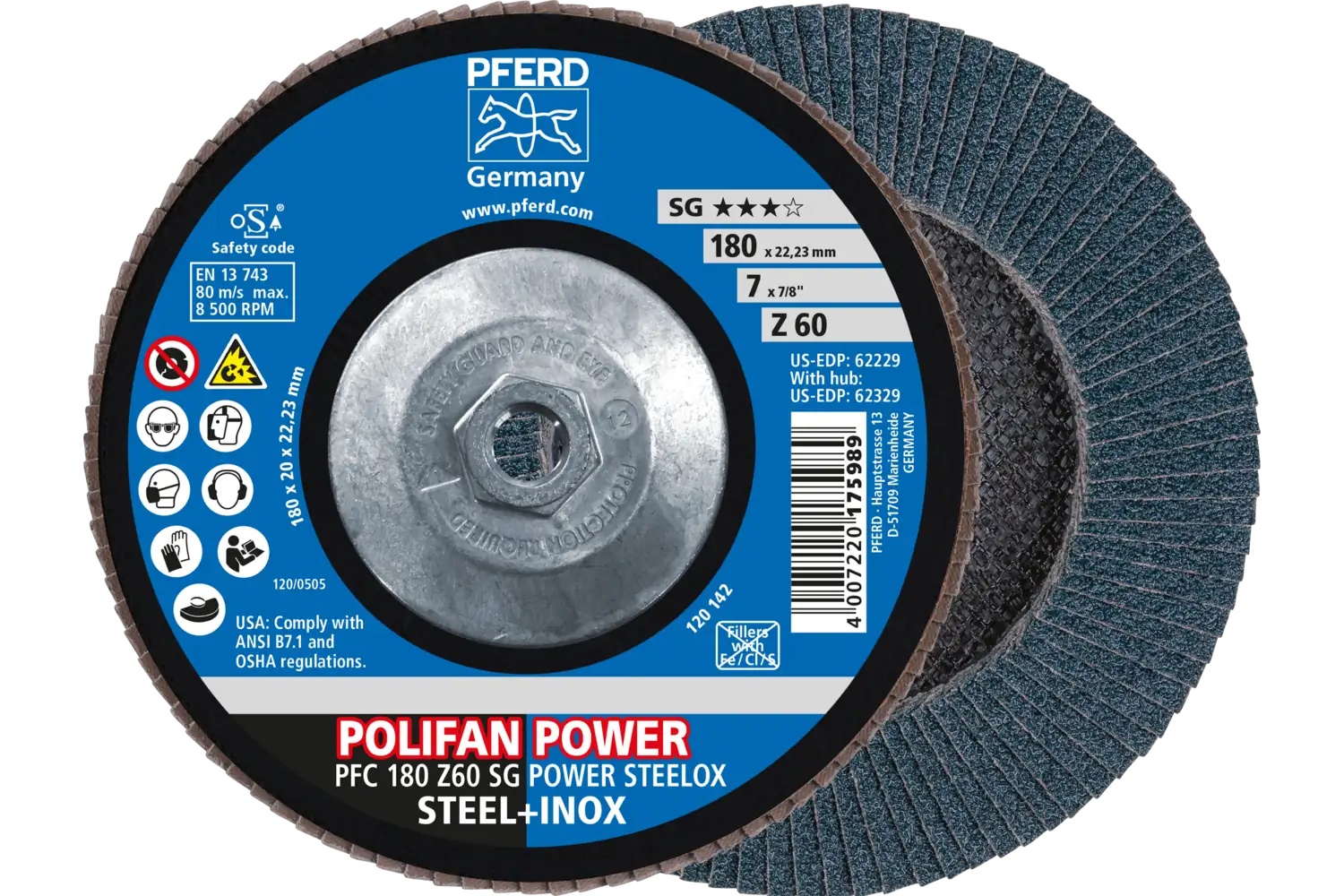 Picture of Pferd Flap Disc, 7" x 5/8-11, Z SG Power Steelox, 60 Grit, T29, Conical, Zirconia